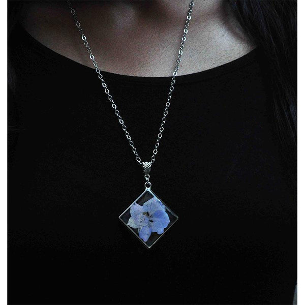 Square Pendant Necklace with Hand-Pressed Jasmine Flower