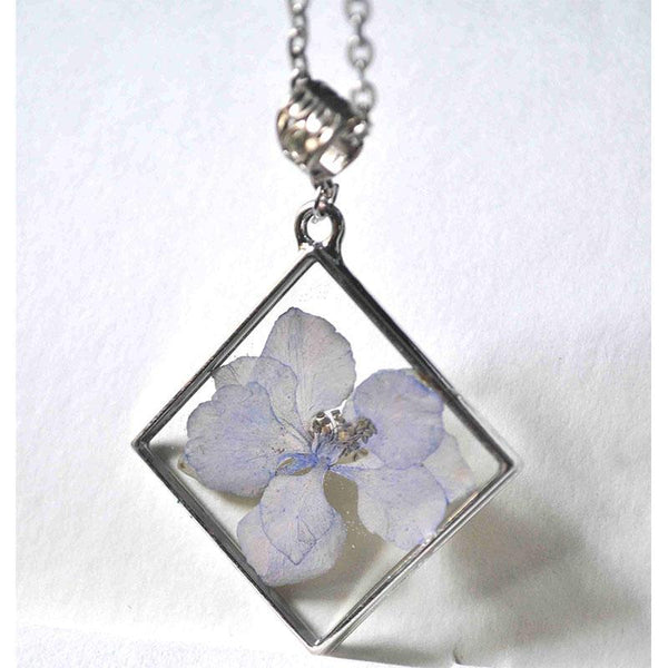 Square Pendant Necklace with Hand-Pressed Jasmine Flower