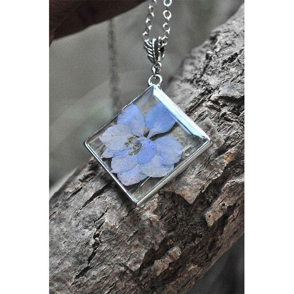 Square Pendant Necklace with Hand-Pressed Jasmine Flower