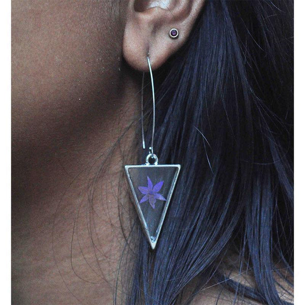 Triangular Earrings Hand-Pressed Purple Allium Flowers