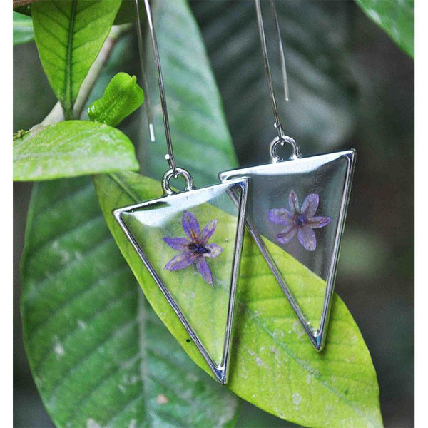 Triangular Earrings Hand-Pressed Purple Allium Flowers
