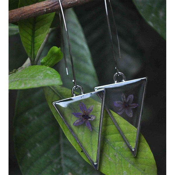 Triangular Earrings Hand-Pressed Purple Allium Flowers