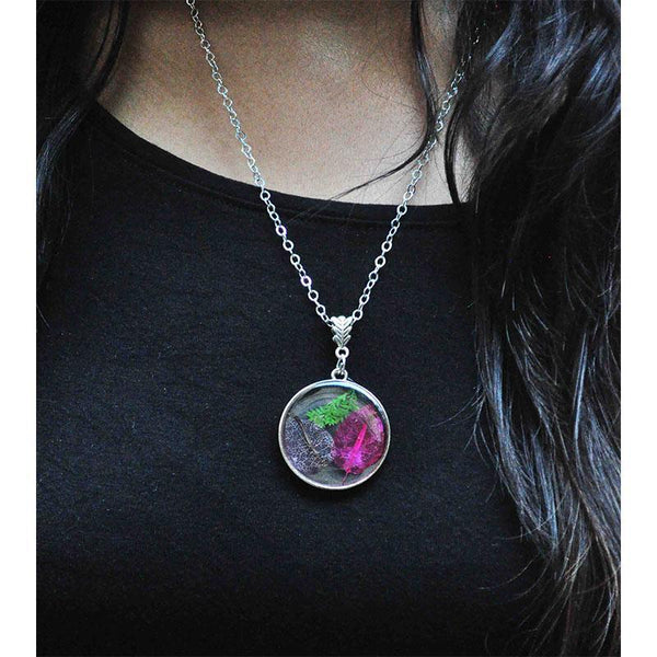 Round Pendant Necklace with Hand-Pressed Purple and Pink Bougainvillea