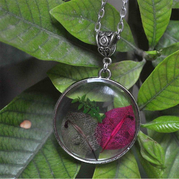 Round Pendant Necklace with Hand-Pressed Purple and Pink Bougainvillea