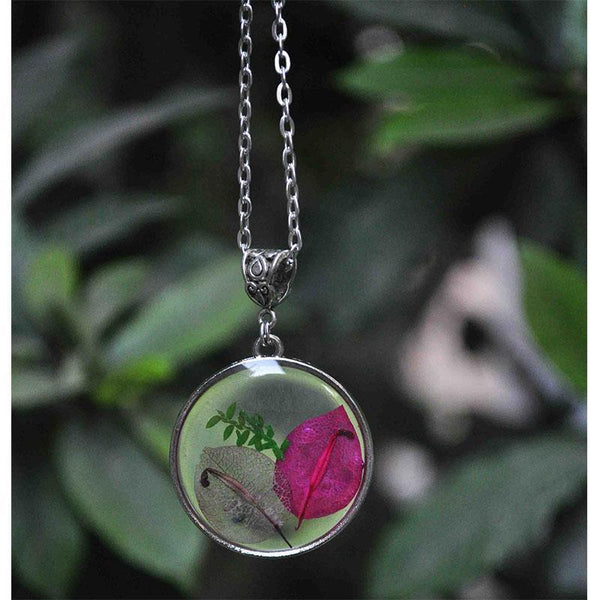 Round Pendant Necklace with Hand-Pressed Purple and Pink Bougainvillea