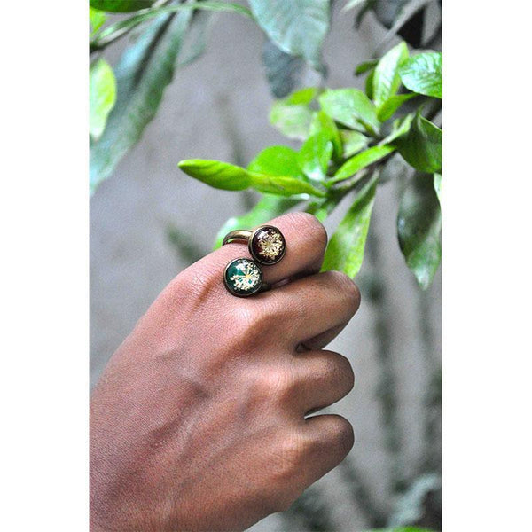 Dual Tone, Adjustable Ring with Hand-Pressed Queen Anne's Lace Flower