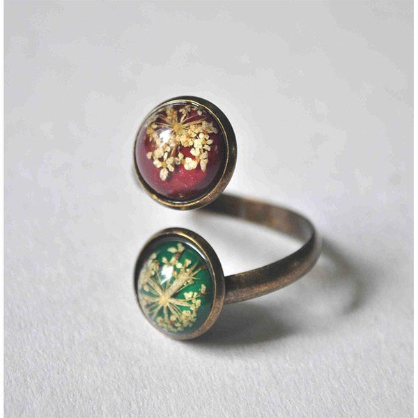 Dual Tone, Adjustable Ring with Hand-Pressed Queen Anne's Lace Flower