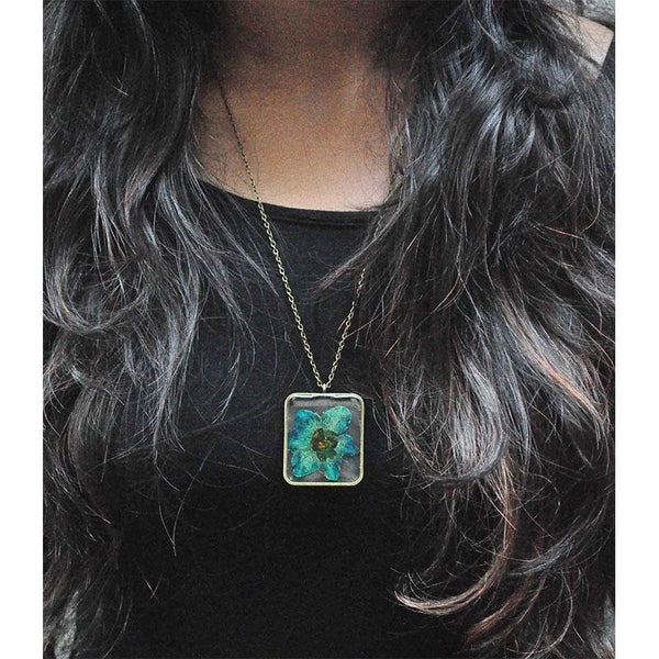 Rectangular Pendant Necklace with Hand-Pressed Himalayan Poppy