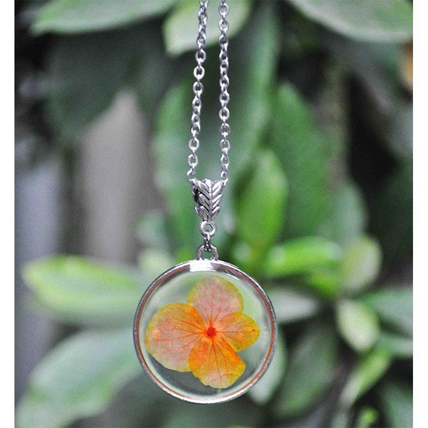 Round Pendant Necklace with Hand-Pressed Orange Hydrangea