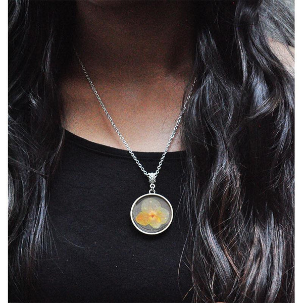Round Pendant Necklace with Hand-Pressed Orange Hydrangea