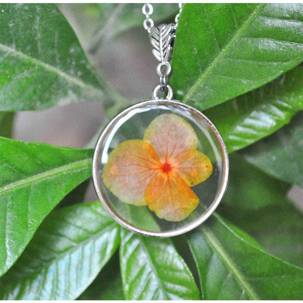 Round Pendant Necklace with Hand-Pressed Orange Hydrangea