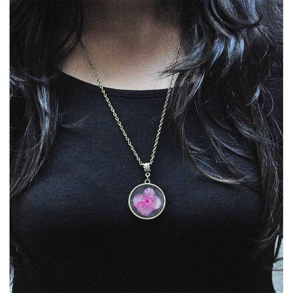 Round Pendant Necklace with Hand-Pressed Pink Hydrangea