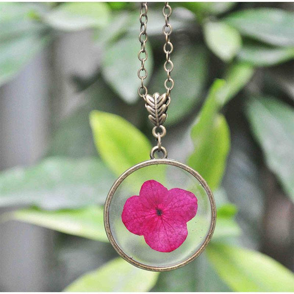 Round Pendant Necklace with Hand-Pressed Pink Hydrangea
