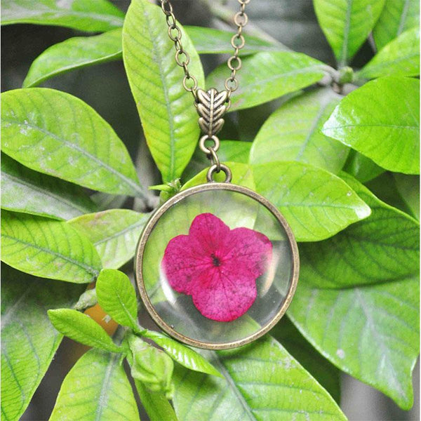 Round Pendant Necklace with Hand-Pressed Pink Hydrangea