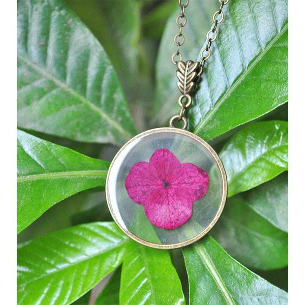 Round Pendant Necklace with Hand-Pressed Pink Hydrangea