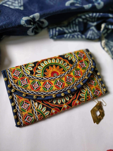 Navy Blue Hand Embroidered Clutch