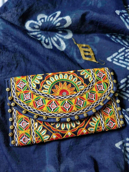 Navy Blue Hand Embroidered Clutch