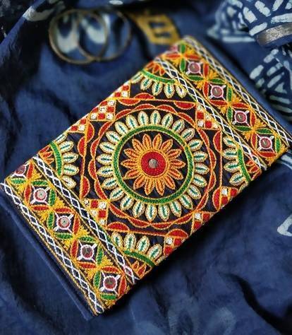 Navy Blue Hand Embroidered Clutch