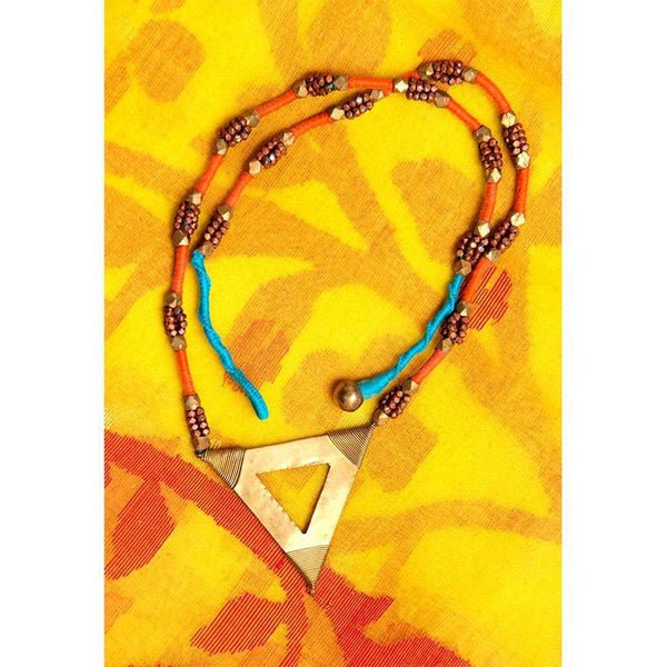 Handcrafted Dokra Triangle Necklace (Orange, Blue and Gold)