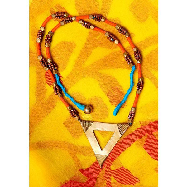 Handcrafted Dokra Triangle Necklace (Orange, Blue and Gold)