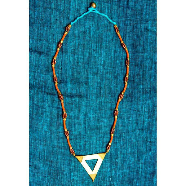 Handcrafted Dokra Triangle Necklace (Orange, Blue and Gold)