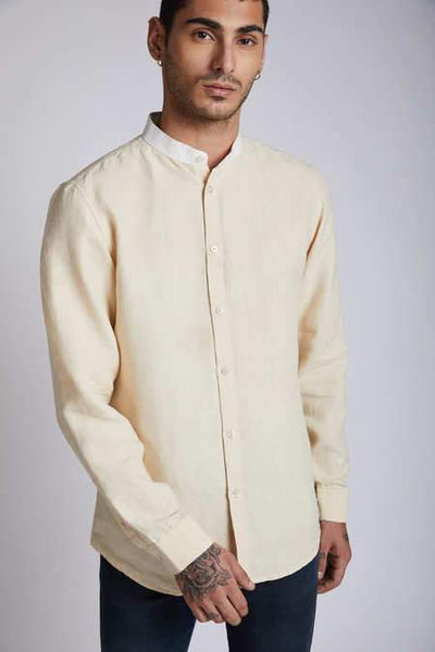 Men's Hemp Contrast Collar Shirt - Beige