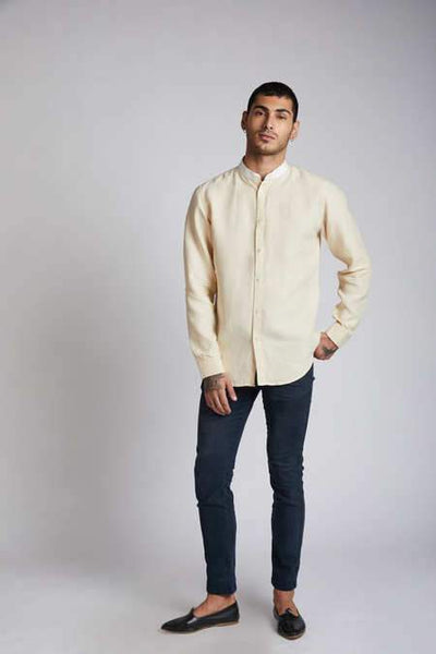 Men's Hemp Contrast Collar Shirt - Beige