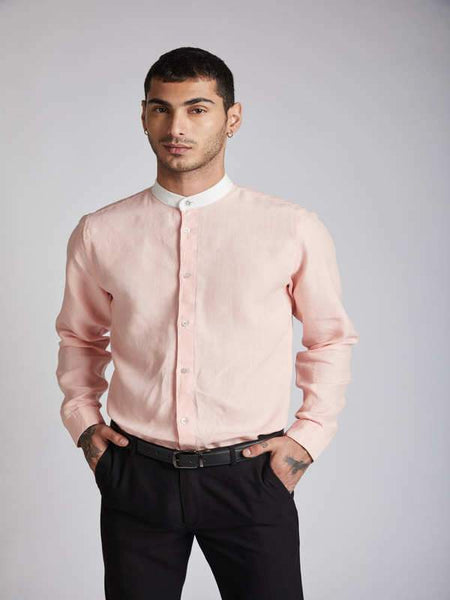 Men's Natural Hemp Contrast Collar Shirt - Peach