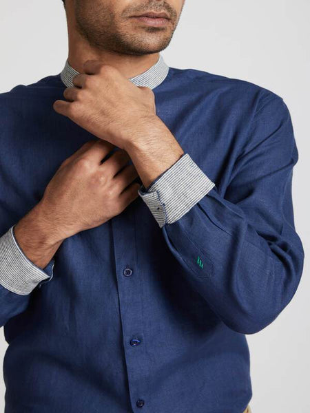 Men's Natural Hemp Contrast Collar Shirt - Navy