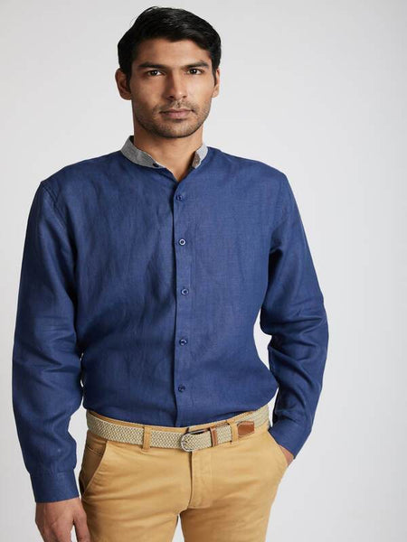 Men's Natural Hemp Contrast Collar Shirt - Navy