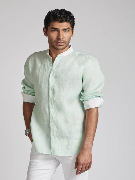 Men's Natural Hemp Contrast Collar Shirt - Mint Green