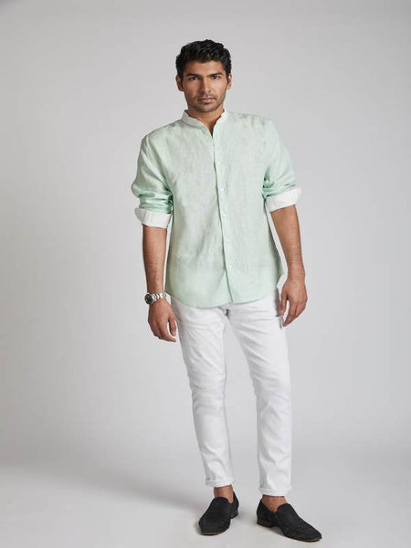 Men's Natural Hemp Contrast Collar Shirt - Mint Green