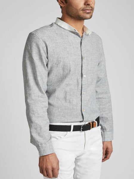 Men's Natural Hemp Contrast Collar Shirt - Blue Stripes
