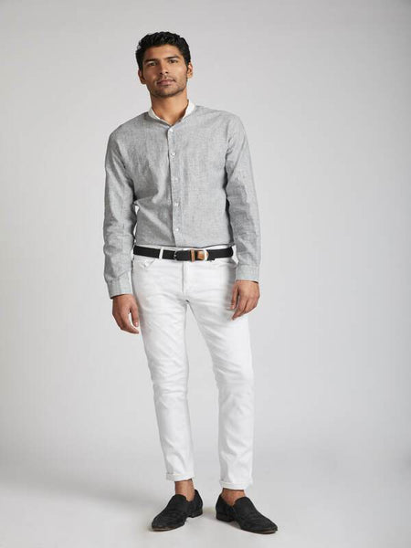 Men's Natural Hemp Contrast Collar Shirt - Blue Stripes