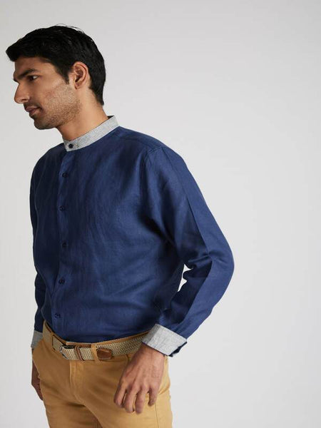 Men's Natural Hemp Contrast Collar Shirt - Navy