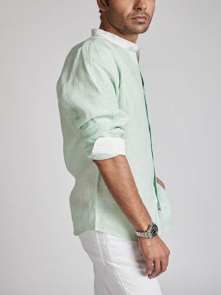 Men's Natural Hemp Contrast Collar Shirt - Mint Green