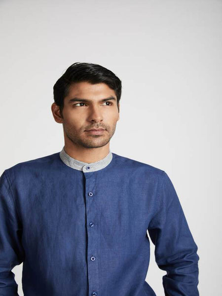 Men's Natural Hemp Contrast Collar Shirt - Navy
