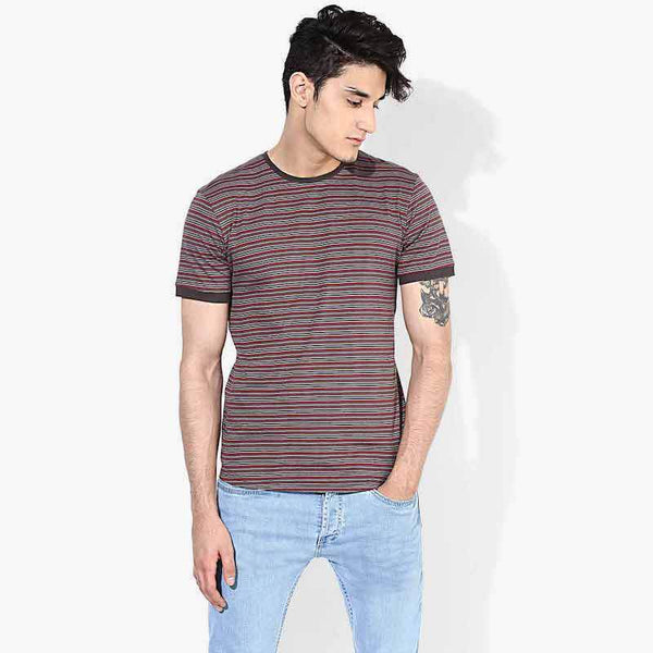 Organic Cotton Men's Grey and Maroon Striped T-Shirt