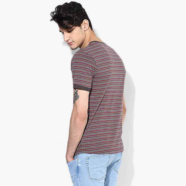 Organic Cotton Men's Grey and Maroon Striped T-Shirt