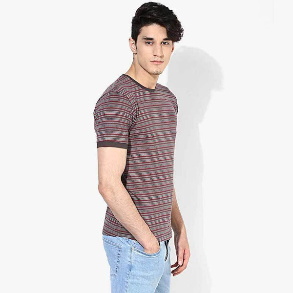 Organic Cotton Men's Grey and Maroon Striped T-Shirt