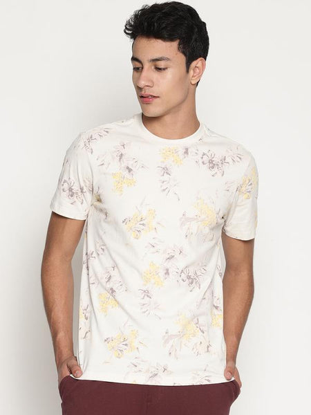 Organic Cotton Men's Printed Round Neck T-Shirt - Beige