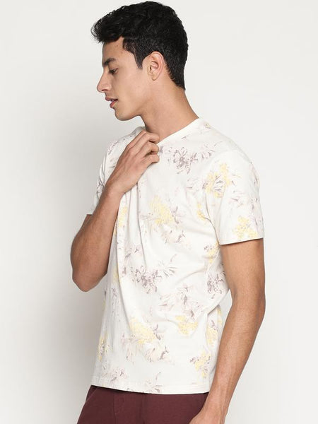 Organic Cotton Men's Printed Round Neck T-Shirt - Beige