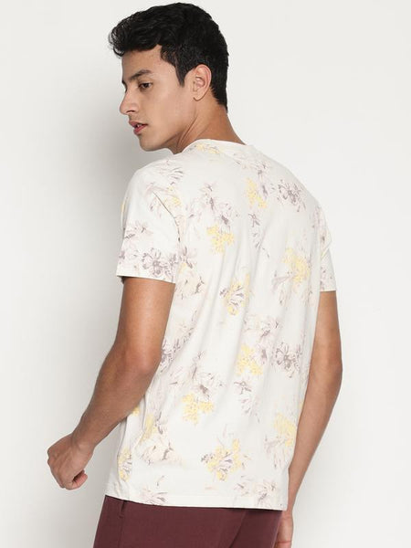 Organic Cotton Men's Printed Round Neck T-Shirt - Beige