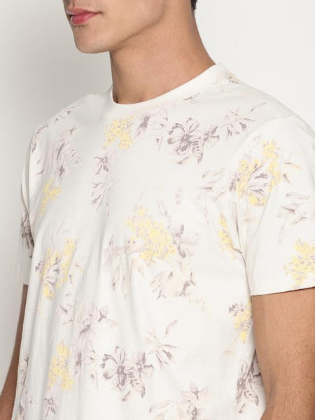 Organic Cotton Men's Printed Round Neck T-Shirt - Beige