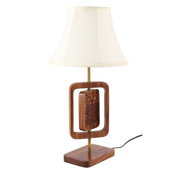Hand-Carved Sheesham Table Lamp with Owl Engraving created by Traditional Artisans