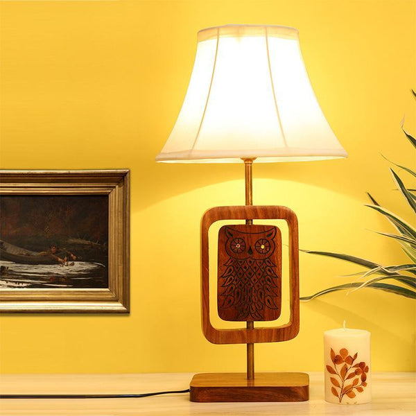 Hand-Carved Sheesham Table Lamp with Owl Engraving created by Traditional Artisans