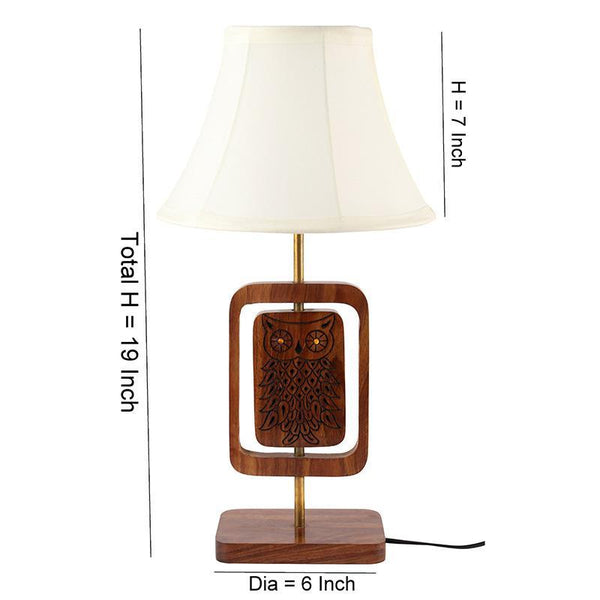 Hand-Carved Sheesham Table Lamp with Owl Engraving created by Traditional Artisans