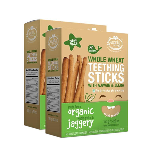Organic Whole Wheat Ajwain Jaggery Teething Sticks (Pack of 2), 150g each