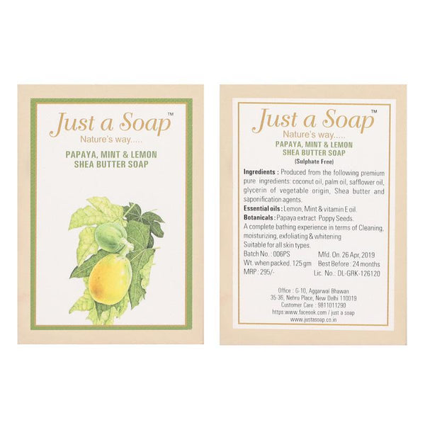 Papaya, Mint And Lemon Handmade Soap with Shea Butter and Essential Oils, 125 gm