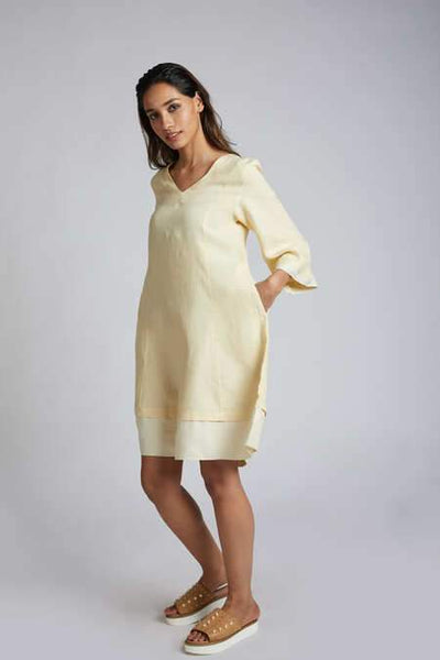 Women's Natural Hemp Panelled Flared Dress - Yellow